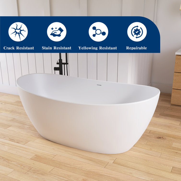 65'' Freestanding Bathtub Solid Surface Deep Soaking Tubs Double Slippers