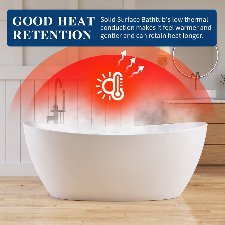 65'' Freestanding Bathtub Solid Surface Deep Soaking Tubs Double Slippers