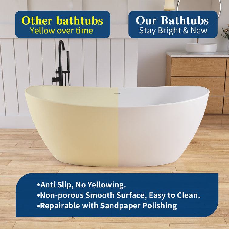 65'' Freestanding Bathtub Solid Surface Deep Soaking Tubs Double Slippers