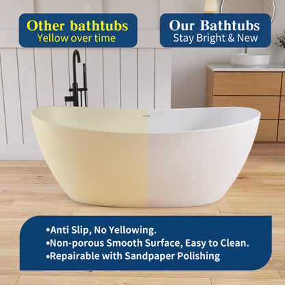 65'' Freestanding Bathtub Solid Surface Deep Soaking Tubs Double Slippers