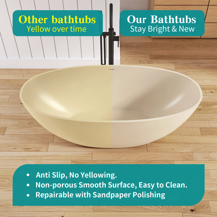 Medunjess Creamy 65'' Freestanding Bathtub Solid Surface Stone Resin Soaking Tub