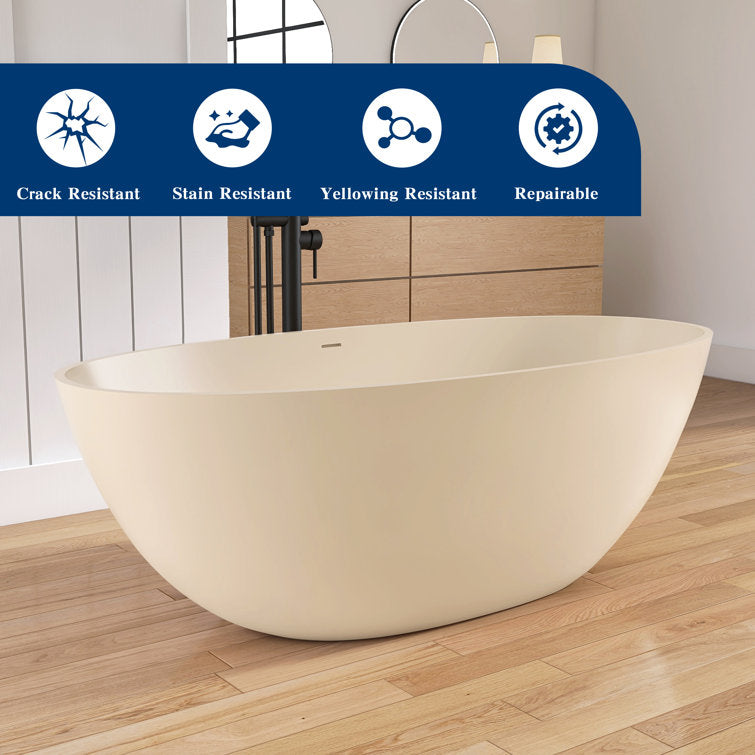 Medunjess Creamy 65'' Freestanding Bathtub Solid Surface Stone Resin Soaking Tub