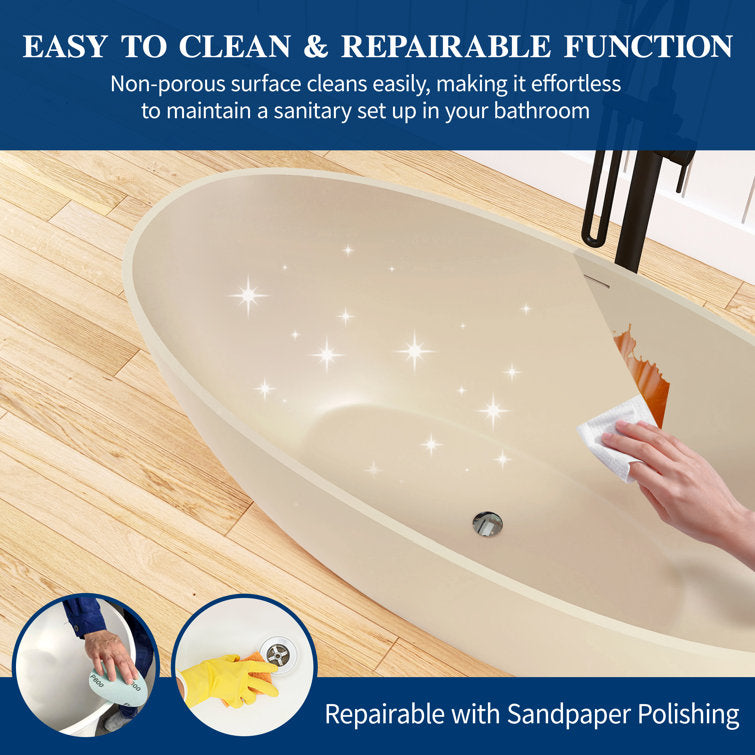 Medunjess Creamy 65'' Freestanding Bathtub Solid Surface Stone Resin Soaking Tub