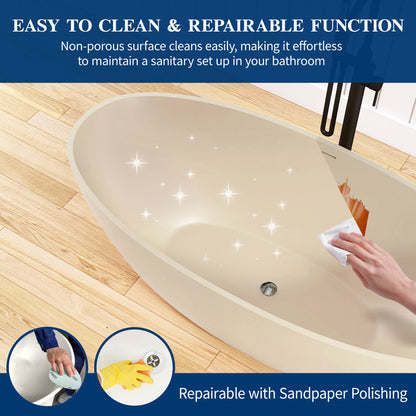 Medunjess Creamy 65'' Freestanding Bathtub Solid Surface Stone Resin Soaking Tub