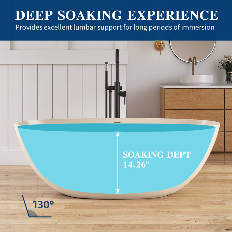 Medunjess Creamy 65'' Freestanding Bathtub Solid Surface Stone Resin Soaking Tub