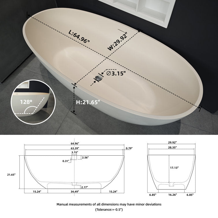 Medunjess Creamy 65'' Freestanding Bathtub Solid Surface Stone Resin Soaking Tub