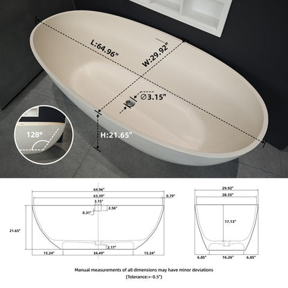 Medunjess Creamy 65'' Freestanding Bathtub Solid Surface Stone Resin Soaking Tub