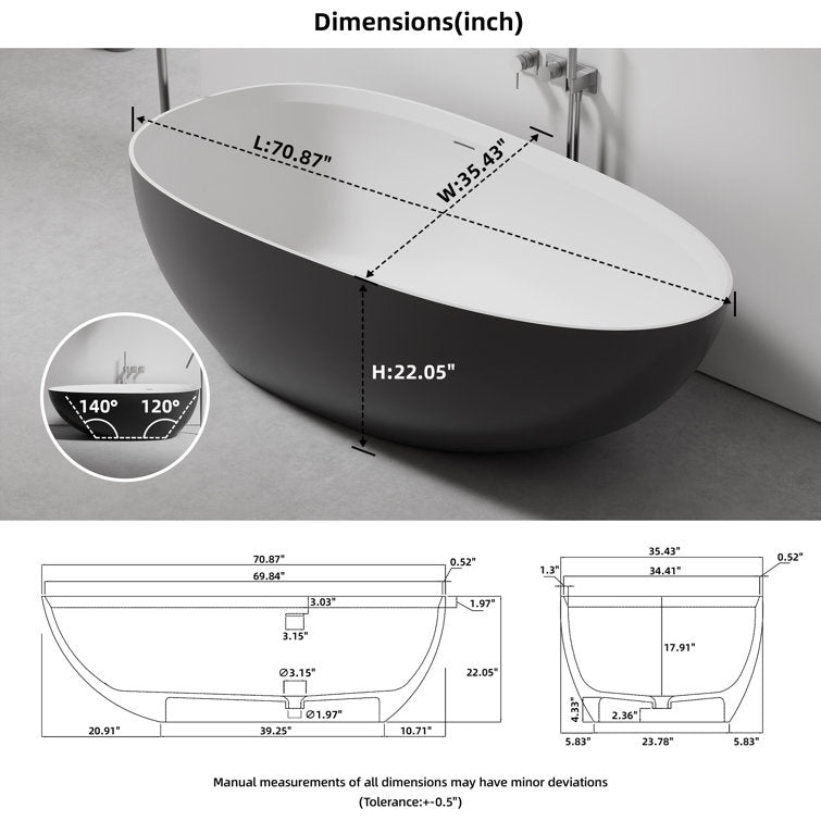 Medunjess 71" Freestanding Tub Solid Surface Resin Stone Freestanding Soaking Bathtub