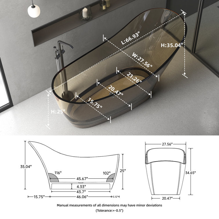 67" Freestanding Soaking Bathtub Solid Surface Soaking Tubs Transparent Brown