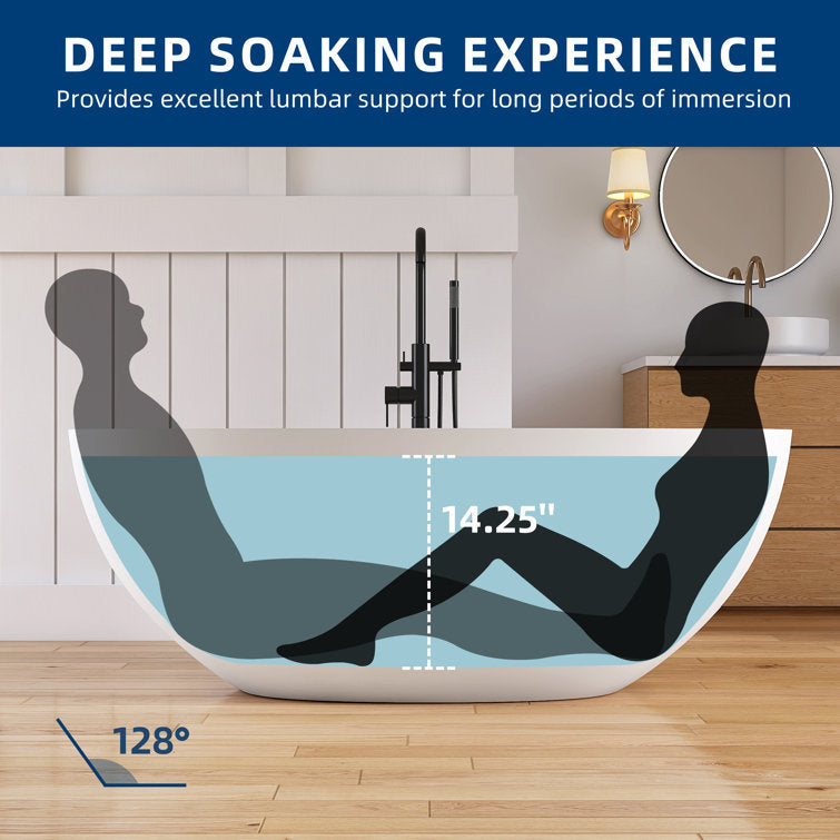 Medunjess 61'' Freestanding Tub Solid Surface Stone Resin Free Standing Soaking Bathtub