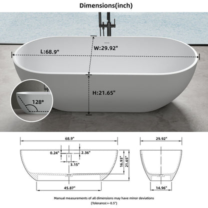 Medunjess 69" Freestanding Soaking Bathtub Solid Surface Stone Resin Soaking Tubs