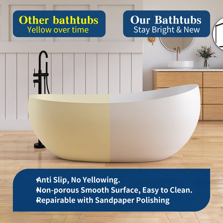 Medunjess 63'' Freestanding Tub Solid Surface Freestanding Soaking Bathtub