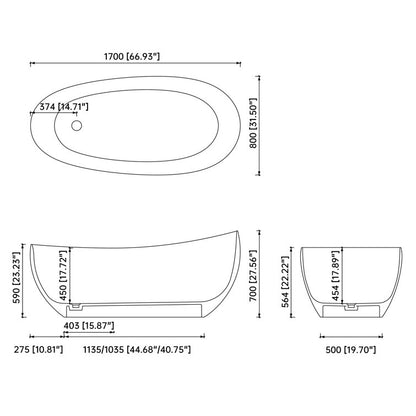 Medunjess 63'' Freestanding Tub Solid Surface Freestanding Soaking Bathtub