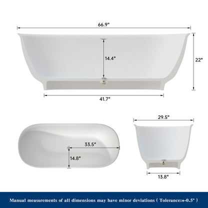 Medunjess 67'' Freestanding Tub Solid Surface Freestanding Soaking Bathtub