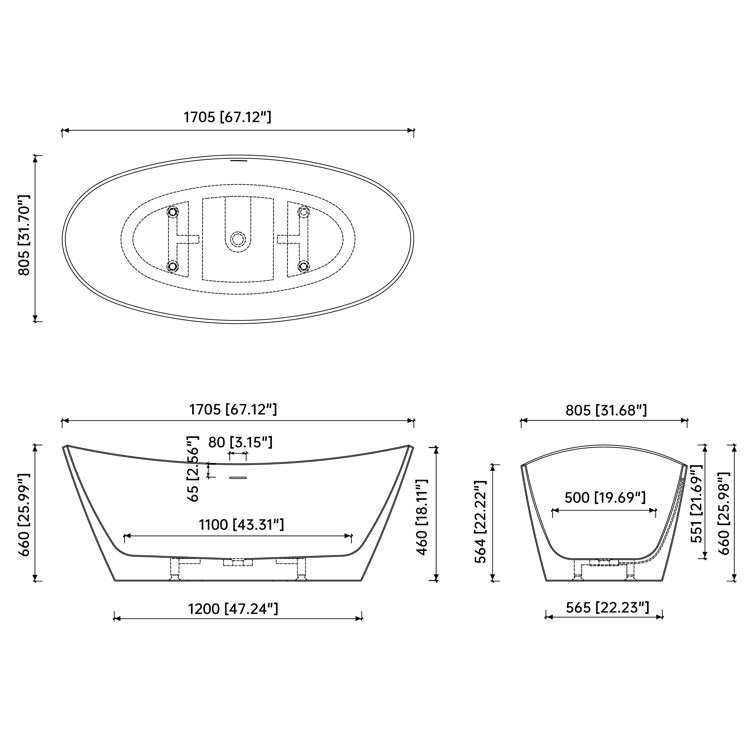 Medunjess 66.93'' x 31.5'' Freestanding Soaking Acrylic Bathtub