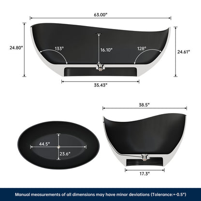 Medunjess 63" Wavy Freestanding Tub Solid Surface Freestadning Stone Resin Soaking Bathtub