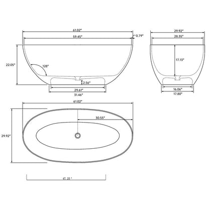 Medunjess 61'' Freestanding Tub Solid Surface Freestanding Soaking Bathtub Blue