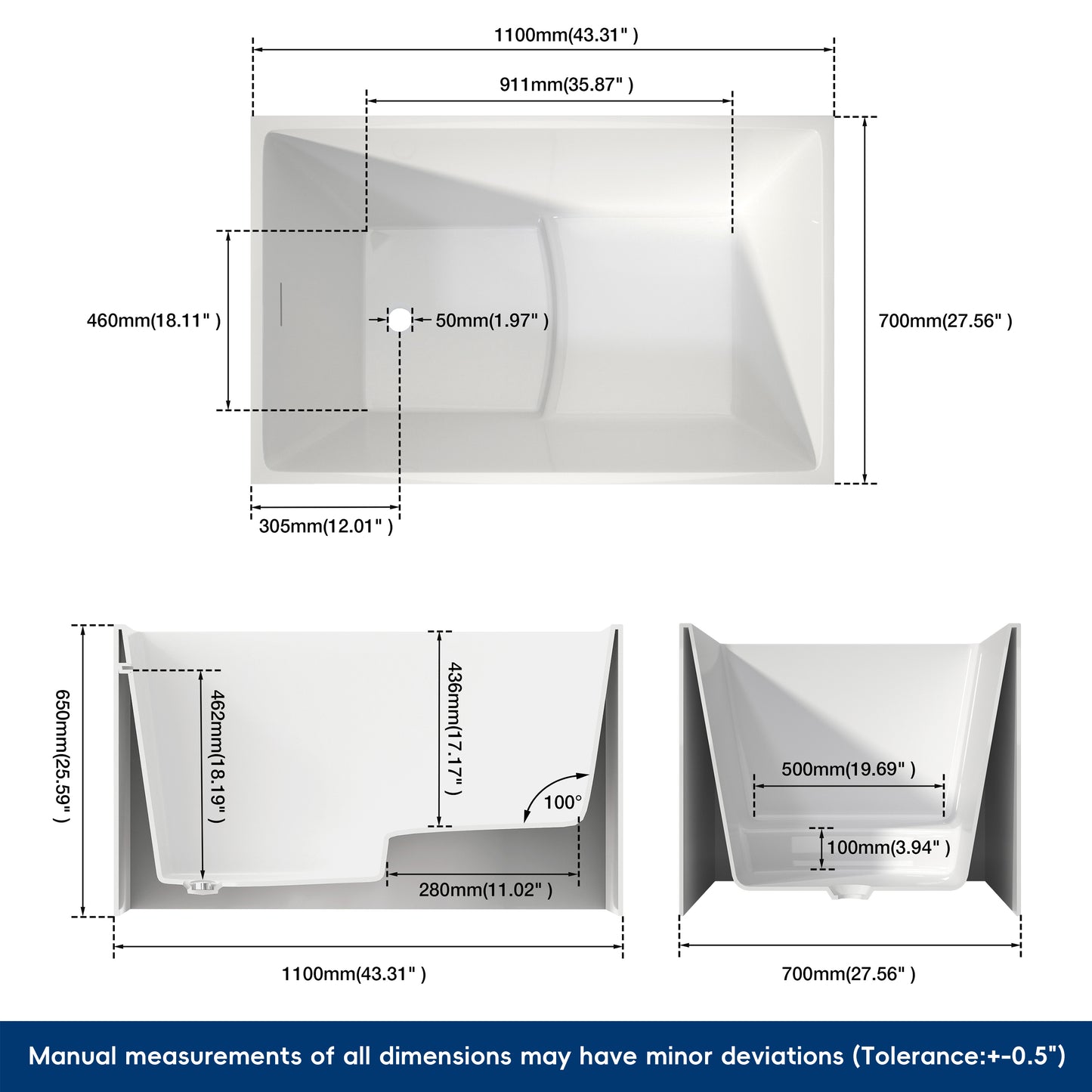Medunjess 43'' Cradle Freestanding Soaking Acrylic Bathtub
