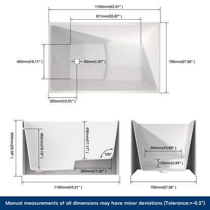 Medunjess 43'' Cradle Freestanding Soaking Acrylic Bathtub