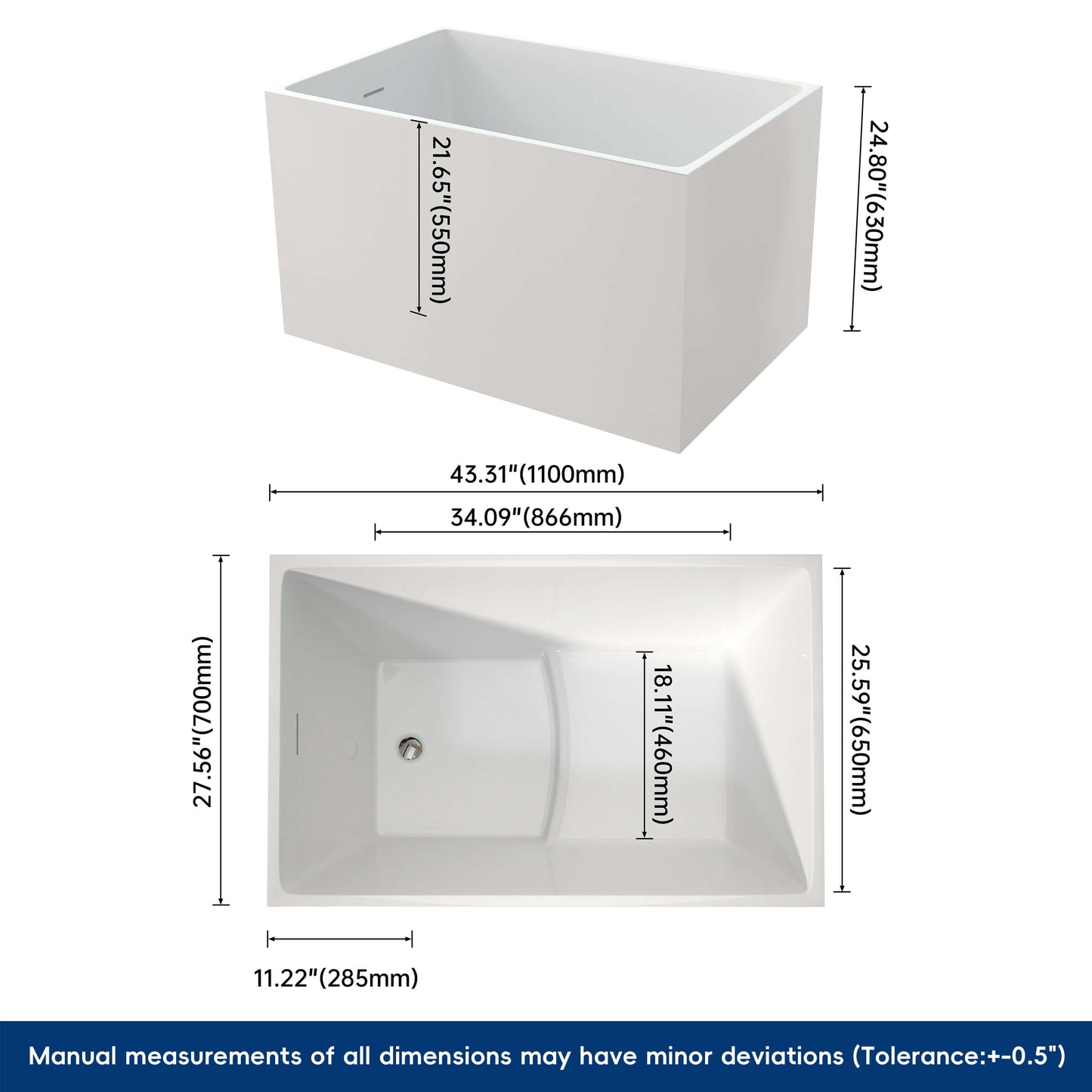 Medunjess 43'' Cradle Freestanding Soaking Acrylic Bathtub