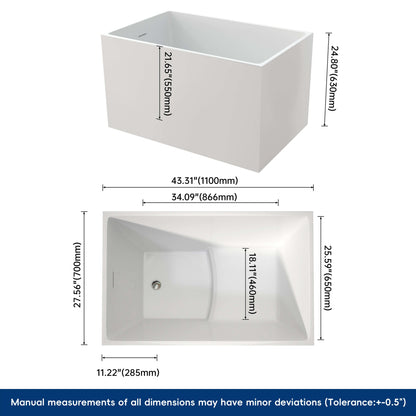 Medunjess 43'' Cradle Freestanding Soaking Acrylic Bathtub