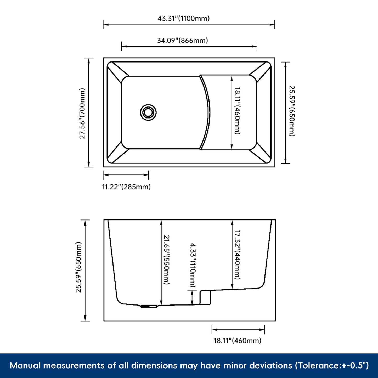 Medunjess 43'' Cradle Freestanding Soaking Acrylic Bathtub