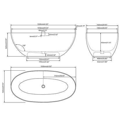 Medunjess 61'' Freestanding Soaking Solid Surface Bathtub,Black