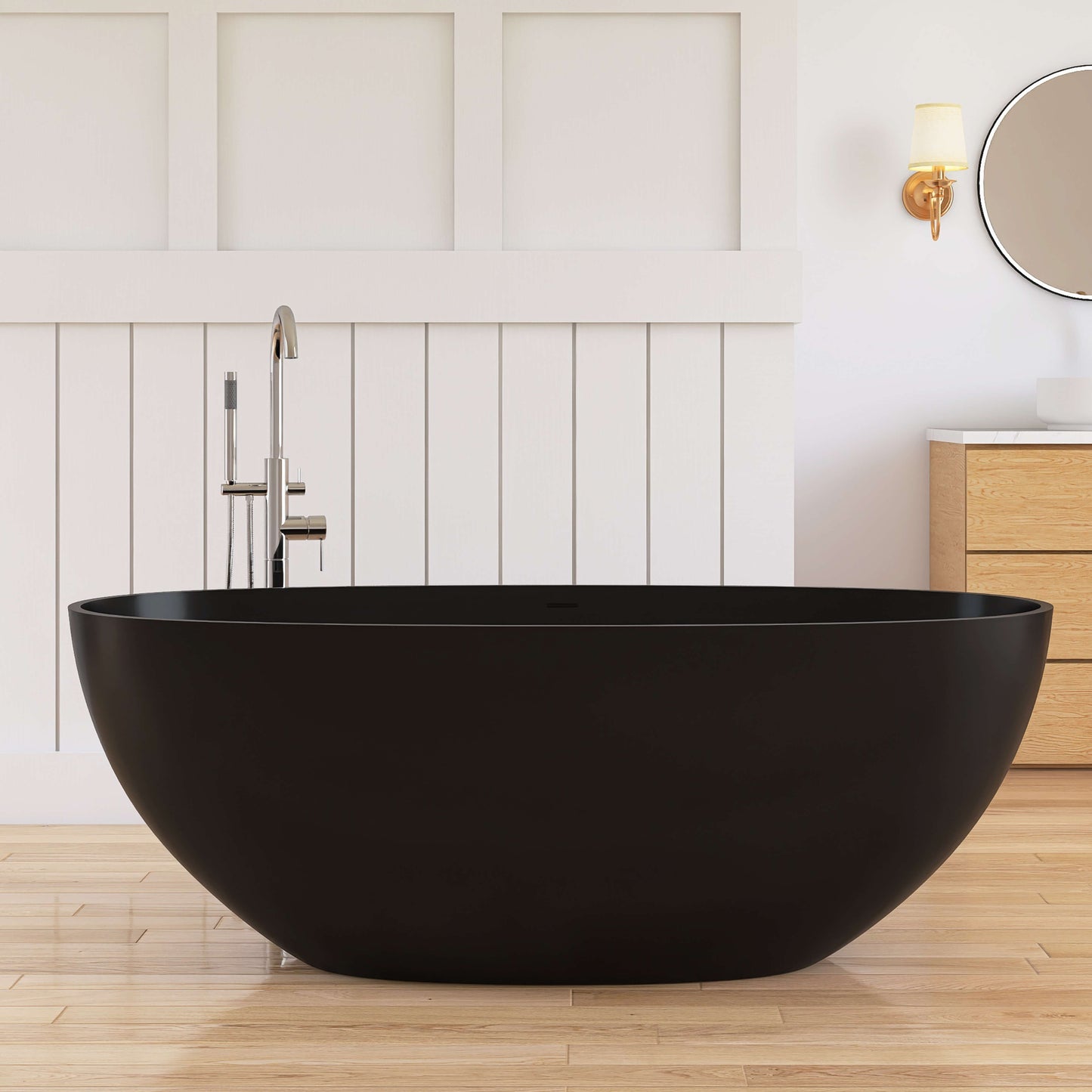 Medunjess 61'' Freestanding Soaking Solid Surface Bathtub,Black