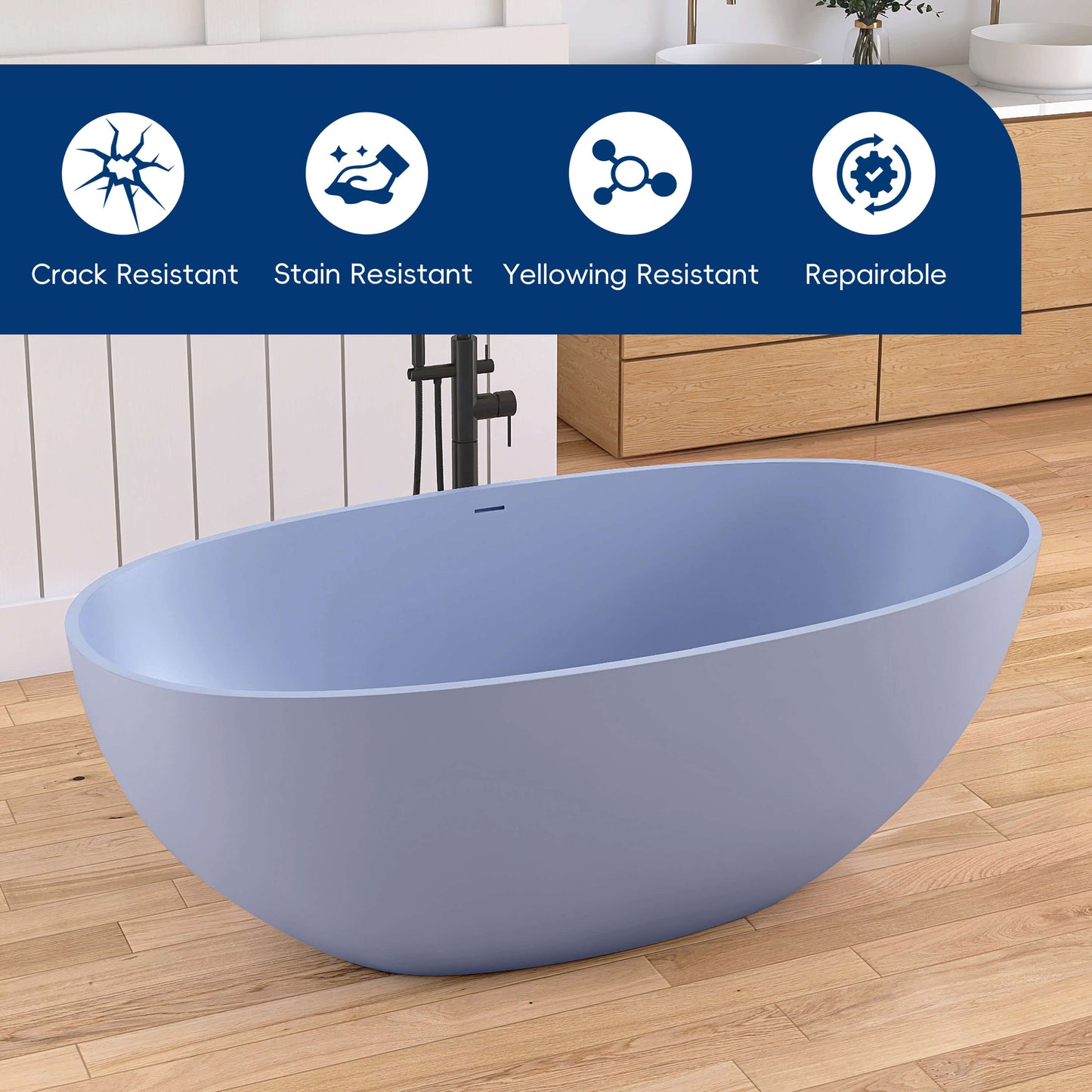 Medunjess 61'' Freestanding Soaking Solid Surface Bathtub,Grayish-Blue