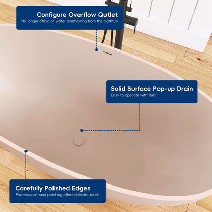 Medunjess 61'' Freestanding Soaking Solid Surface Bathtub,Peach Beige