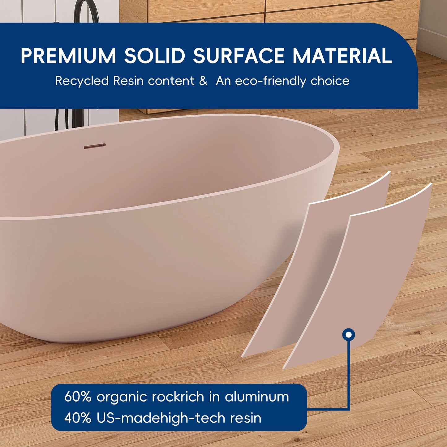Medunjess 61'' Freestanding Soaking Solid Surface Bathtub,Peach Beige