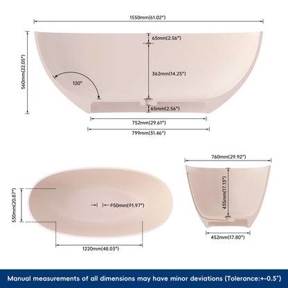 Medunjess 61'' Freestanding Soaking Solid Surface Bathtub,Peach Beige