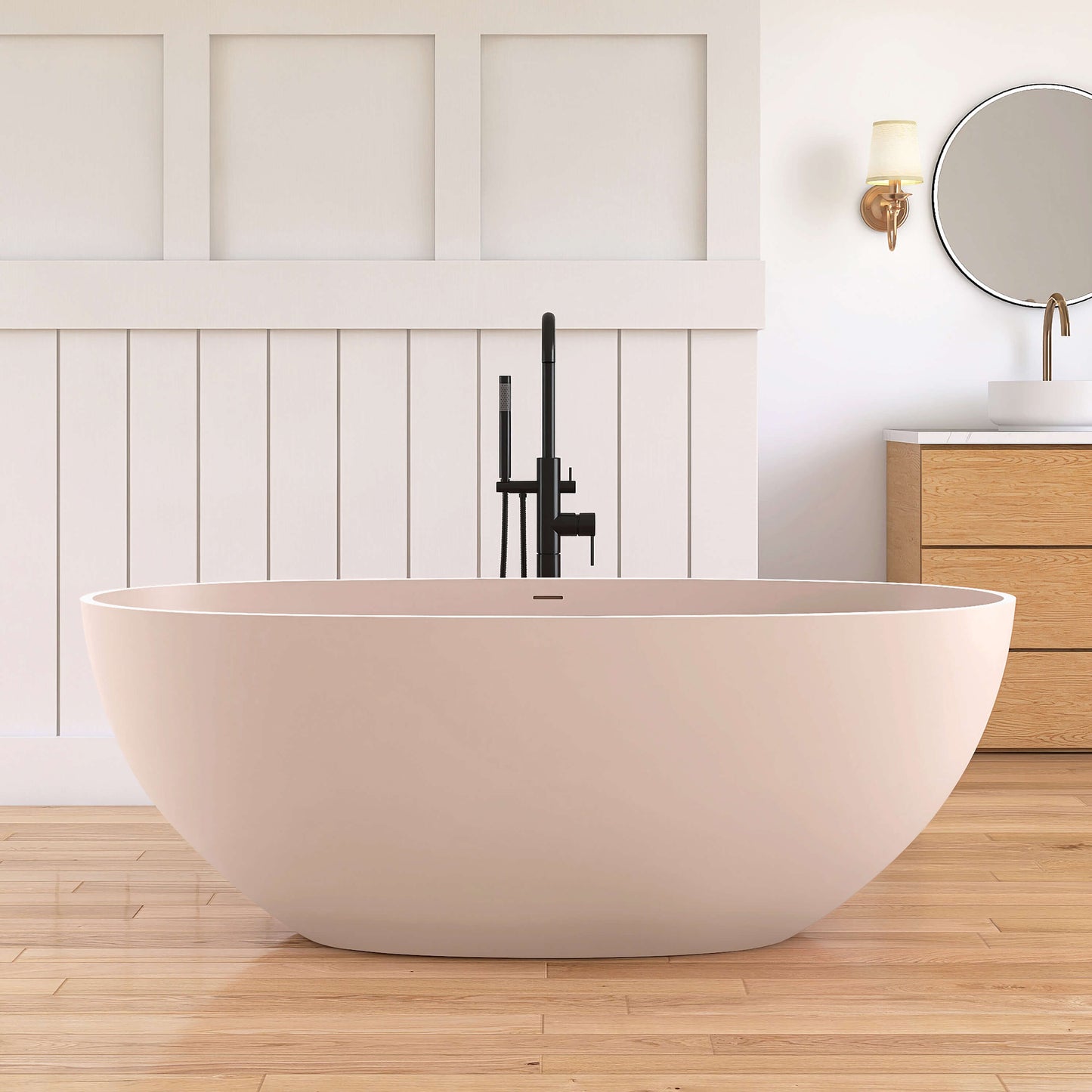 Medunjess 61'' Freestanding Soaking Solid Surface Bathtub,Peach Beige