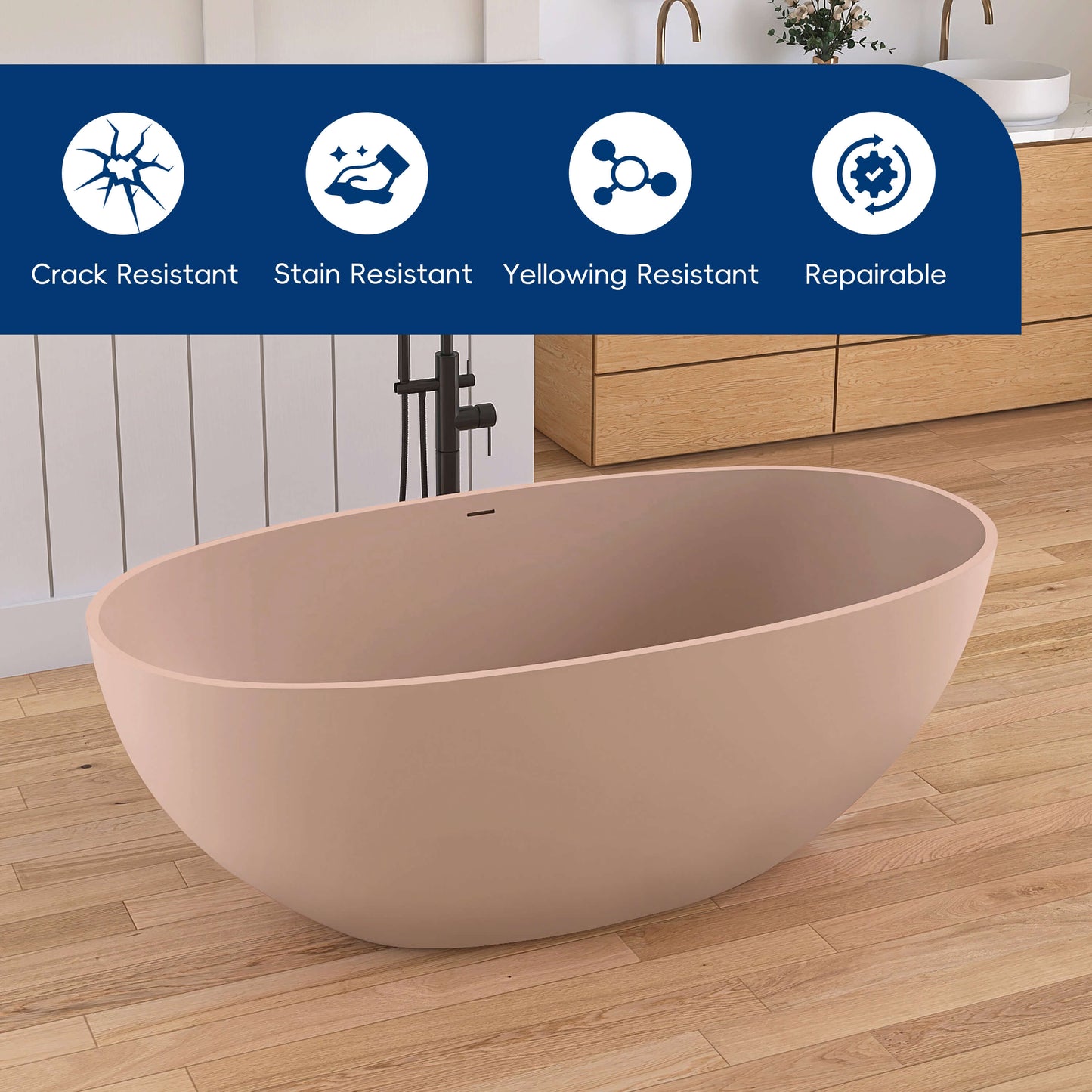 Medunjess 61'' Freestanding Soaking Solid Surface Bathtub,Pink-Sand