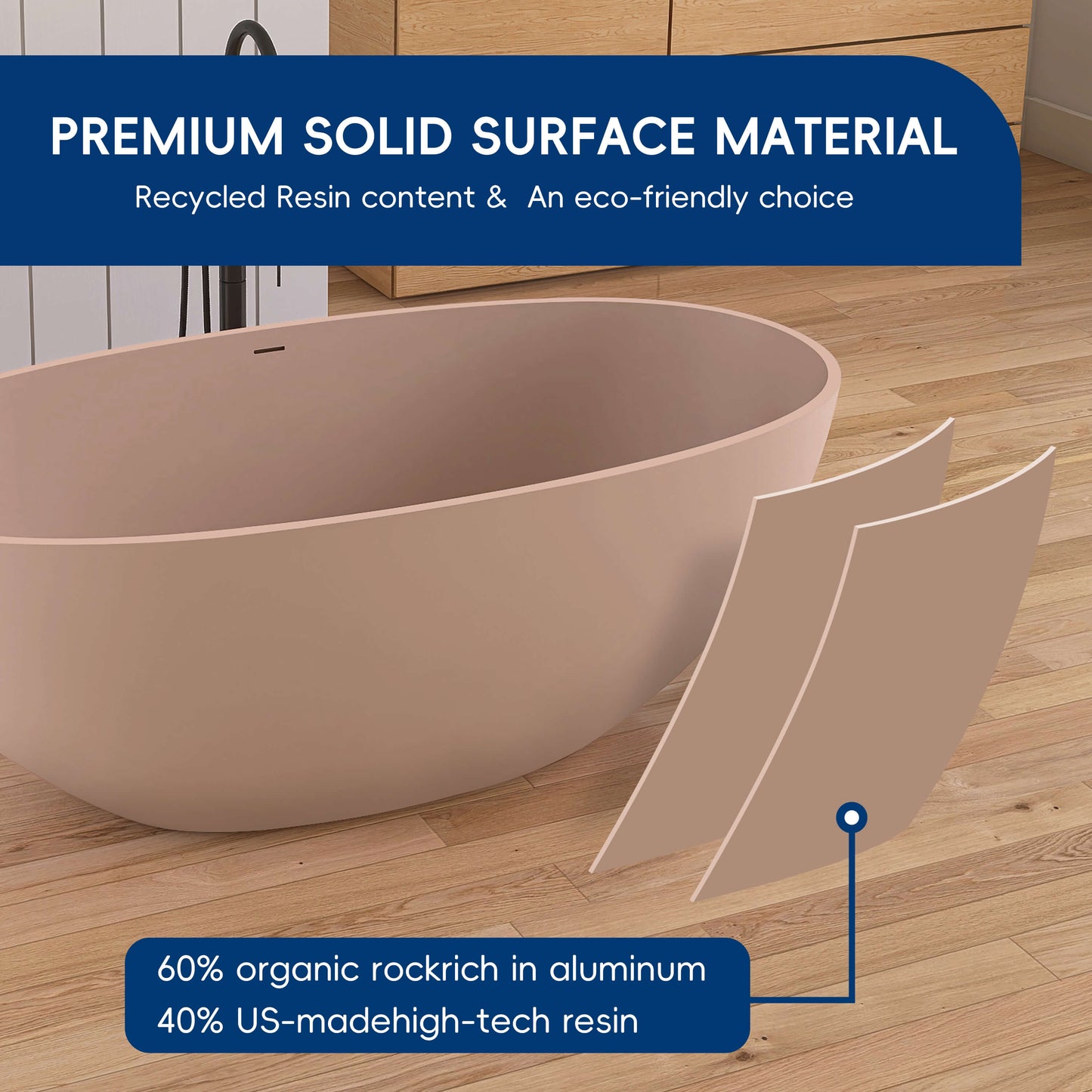 Medunjess 61'' Freestanding Soaking Solid Surface Bathtub,Pink-Sand