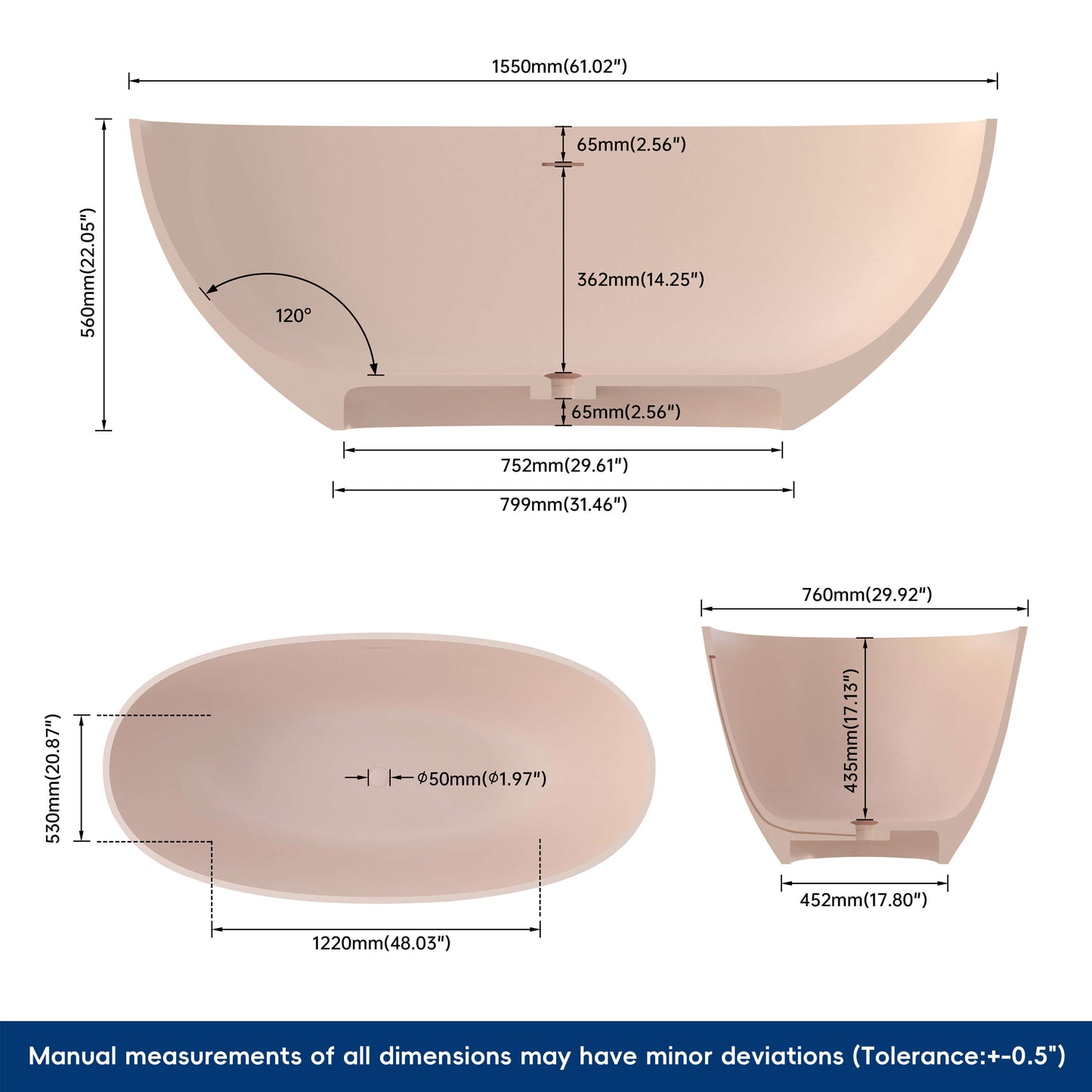 Medunjess 61'' Freestanding Soaking Solid Surface Bathtub,Pink-Sand