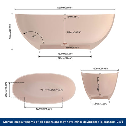 Medunjess 61'' Freestanding Soaking Solid Surface Bathtub,Pink-Sand