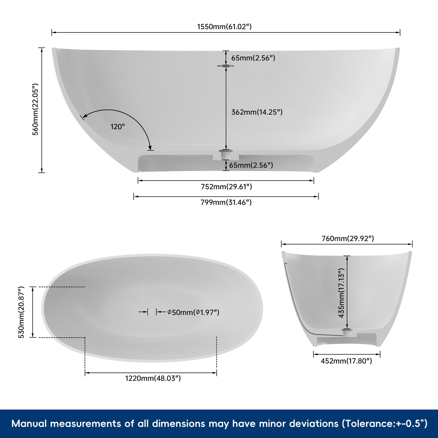 Medunjess 61" Freestanding Solid Surface Stone Resin Soaking Bathtub