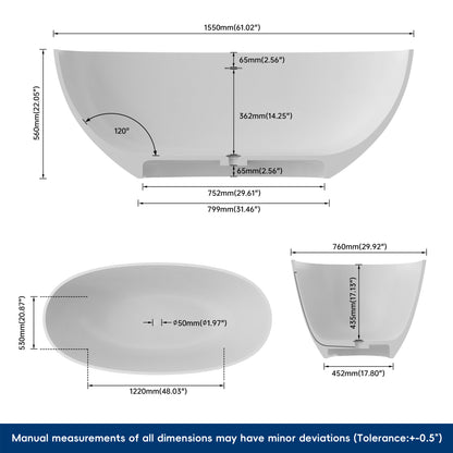 Medunjess 61" Freestanding Solid Surface Stone Resin Soaking Bathtub