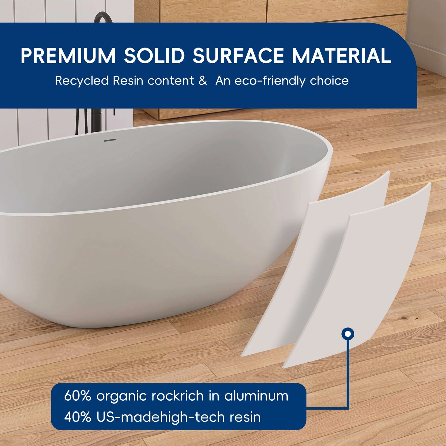 Medunjess 61'' Freestanding Soaking Solid Surface Bathtub,Repose-Grey