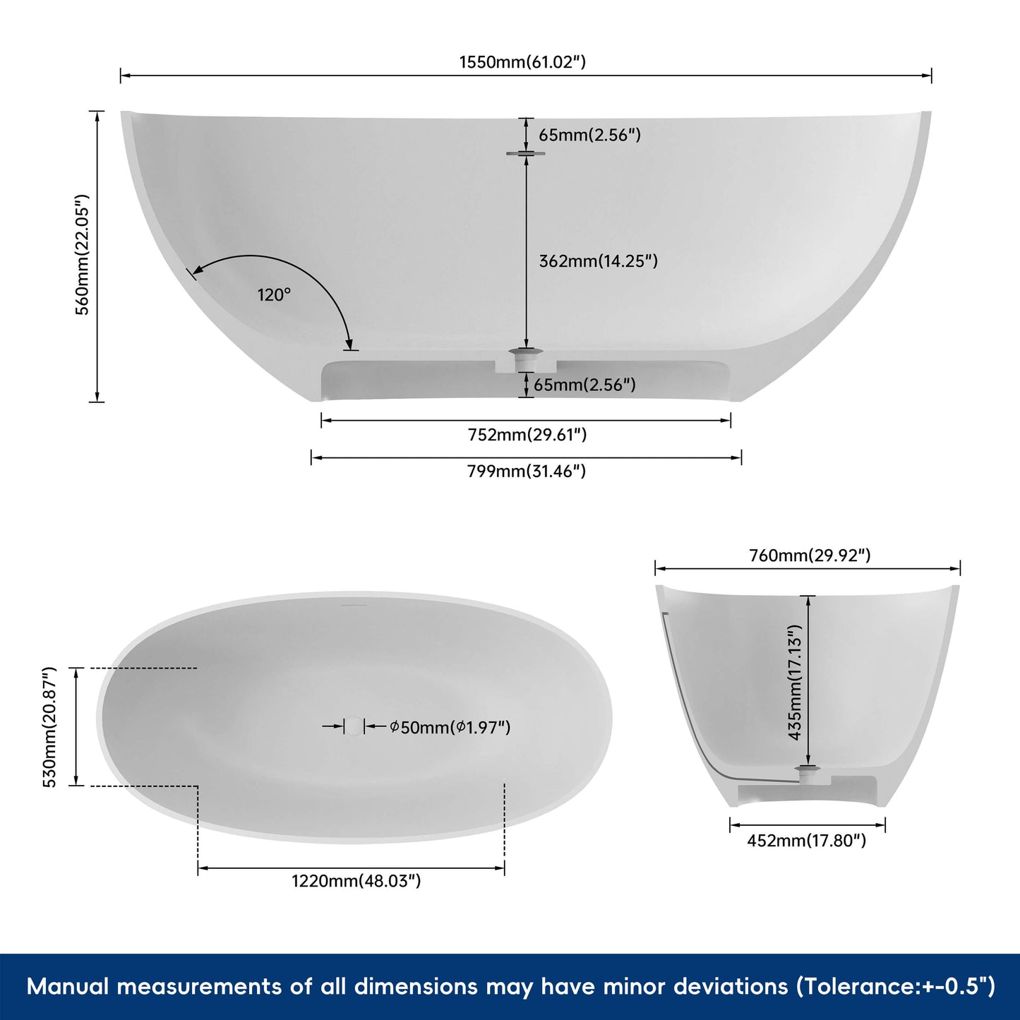 Medunjess 61'' Freestanding Soaking Solid Surface Bathtub,Repose-Grey