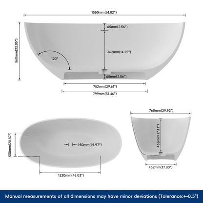 Medunjess 61'' Freestanding Soaking Solid Surface Bathtub,Repose-Grey