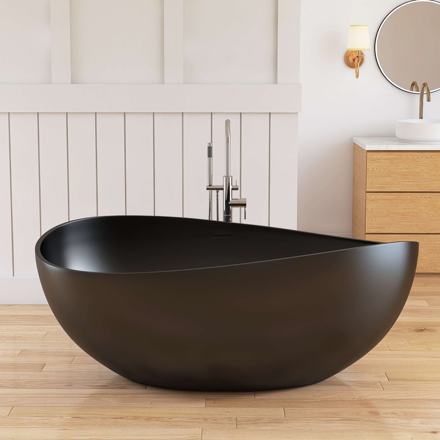 Medunjess 63" Wavy Freestanding Tub Solid Surface Freestanding Stone Resin Soaking Bathtub