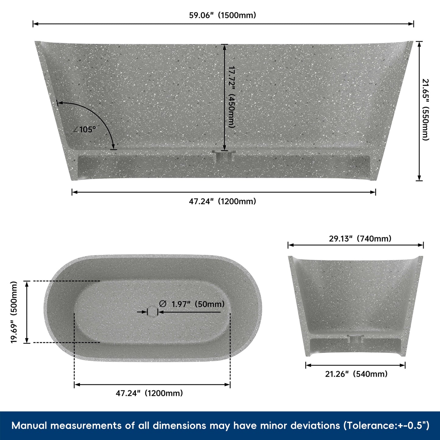 Medunjess 59" Mosaicore Freestanding Terrazzo Bathtub