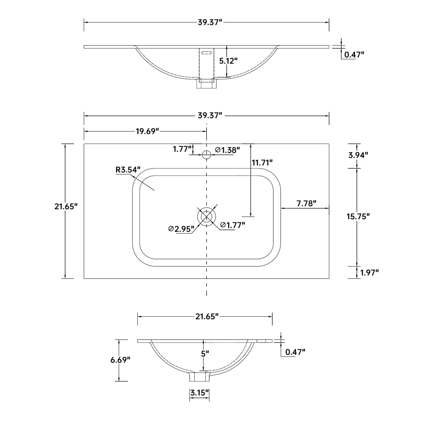 Medunjess 39'' Fjord Solid Surface Basin