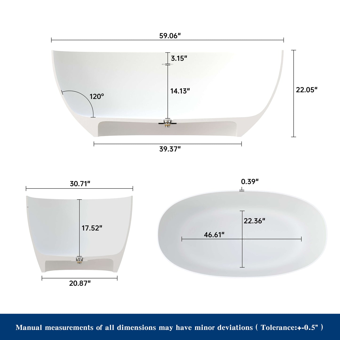 Medunjess 59" White Large Capacity Freestanding Deep Soaking Acrylic Bathtub
