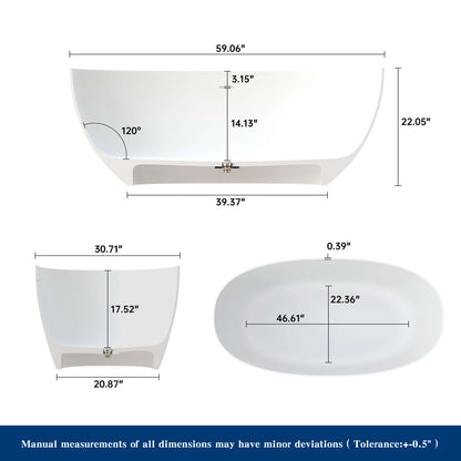 Medunjess 59" White Large Capacity Freestanding Deep Soaking Acrylic Bathtub