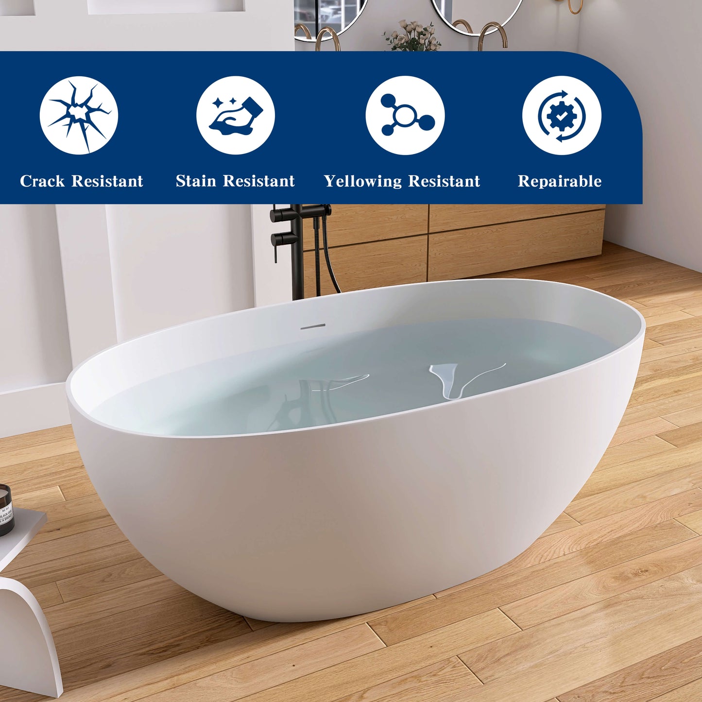 Medunjess 59" White Large Capacity Freestanding Deep Soaking Acrylic Bathtub