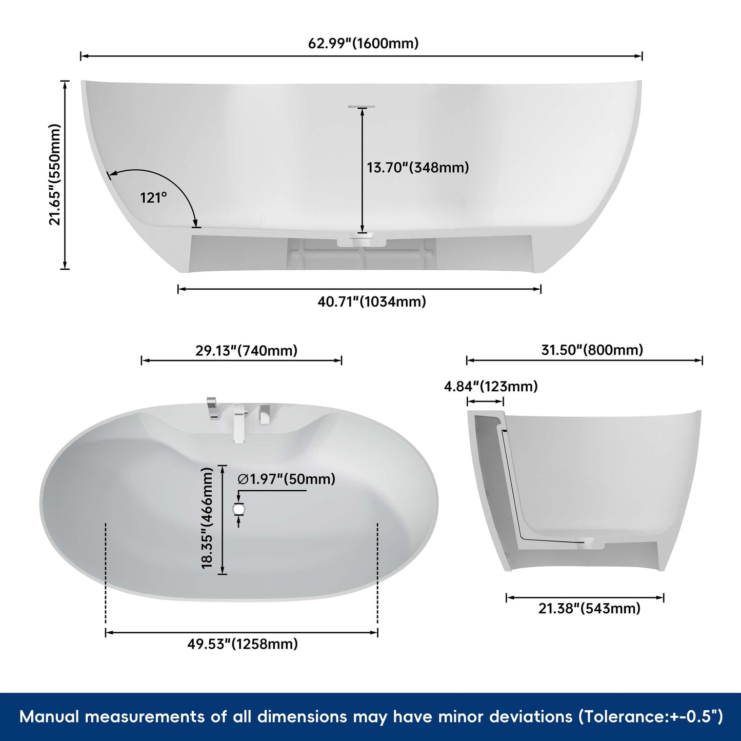 Medunjess 63'' Veridia Freestanding Bathtub Solid Surface Stone