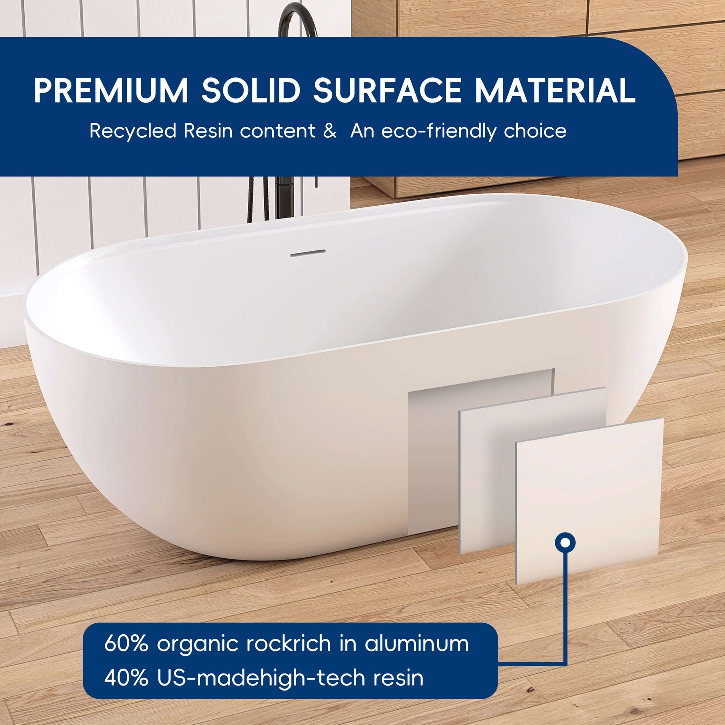 Medunjess 59"Freestanding Artificial Stone Bathtub with Shelf,Non-slip solid surface
